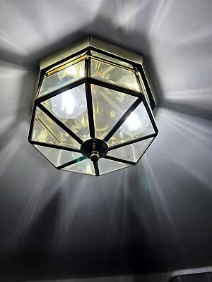 Octagon Brass 16 Panel Beveled Glass Ceiling Light Fixture 9x8 Flush Mount • $12.95