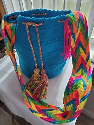 GORGEOUS NWOT Wayuu Mochila Crochet Bag Dark TEAL /AQUA  Multi Color Lg Tassels • $25