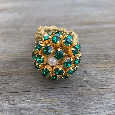 Handmade Vintage Crochet 1970 Stretch Cocktail Ring Green Glass Beads And Pearl • $9.99