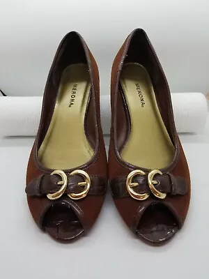 Merona Ladies Leather Suede Shoes Flats Peep Toe With Buckle Size 6 • $10