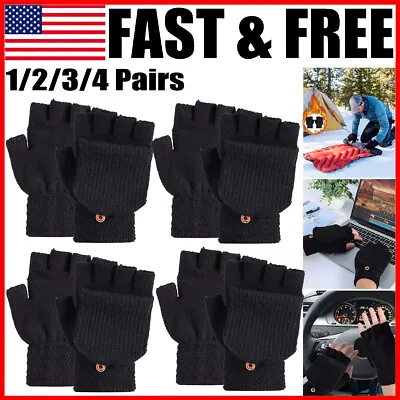 Men Women Winter Wool Knitted Convertible Mittens Flap Fingerless Gloves Thermal • $11.95