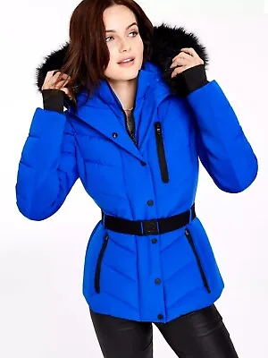 Nwt Mk Michael Kors Runway Designer  Blue Puffer Hood Fur Parka Jacket Coat $280 • $199.95