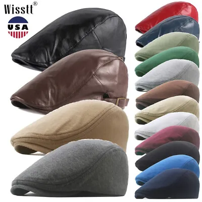 Mens Leather Ivy Cap Outdoor Breathable Beret Driving Cabbie Hat Flat Newsboy • $10.65