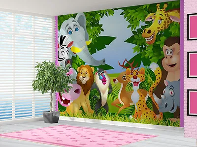 Animals In The Jungle Lion Zebra Wallpaper Wall Mural Bedroom (13497135) Cartoon • £43.99