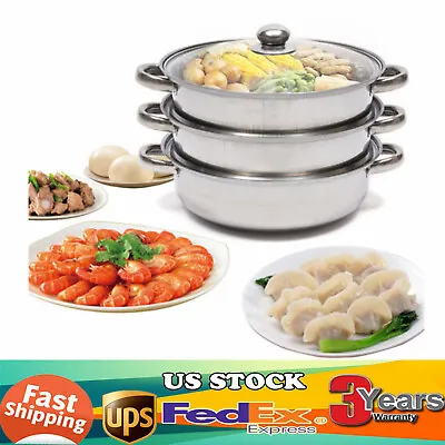 3 Tier Steamer Hot Pot Stainless Steel Cooker Steam Pot Food Cooking + Glass Lid • $40