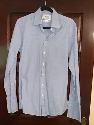 £10 • Buy Charles Tyrwhitt Blue & White Extra Slim Fit Double Cuff Shirt Size 15/35”