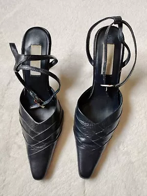 Wallis Navy Ankle Strap Shoes Size 3 EU36 Stiletto Heel Leather Upper • £4.99