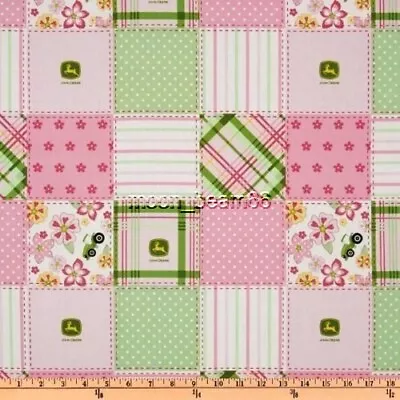 BTY John Deere Tractor Floral Madras Pink Green Patchwork Cotton Fabric By Yard • $10.75