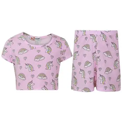 Kids Girls Top & Shorts 100% Cotton Unicorn Rainbow Fashion Summer Outfit Set • £9.99