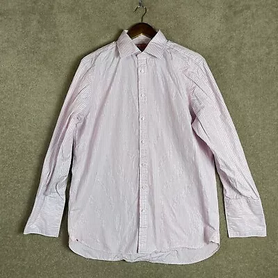 Thomas Pink Dress Shirt Mens 16.5/35 Pink/White Striped Long Sleeve French Cuff • $22.49