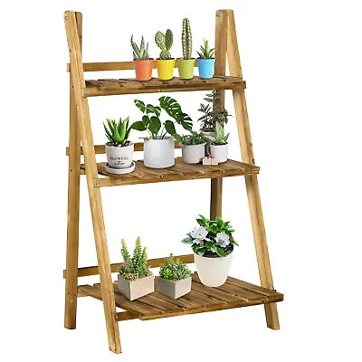 Outsunny Flower Stand 3 Tier Ladder Fold Shelf Herb Holder Display Wood • £37.99