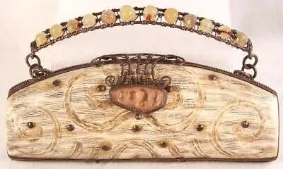 Vintage MAYA EVANGELISTA Resin Cream & Copper Clamshell Clutch W/ Agate Beads • $99.95