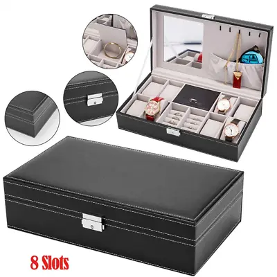 8 Slots Women Men Jewelry Box Watch Organizer Storage Case With Lock And Mirror • $26.99