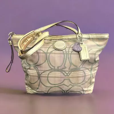 Coach F17474 Taupe Y2K Purple Gold Outline Signature Plaid Nylon Tote Shoulder • $39.99