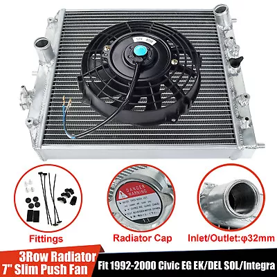 3 Row Aluminum Core Radiator + 7  Slim Push Pull Fan For 1992-2000 Civic Integra • $79.99