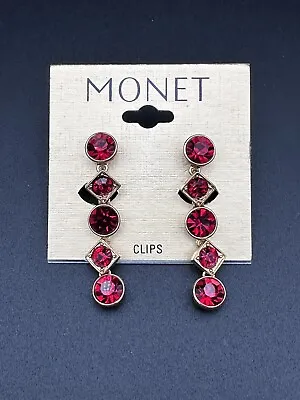 VTG Monet Gold Tone W/ Red Clip Earrings On Orig Card • $14.99