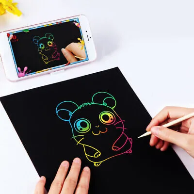 50 Sheets Scratch Art Paper Magic Painting Doodle Boards 5 Wooden Stylus Rainbow • £4.79
