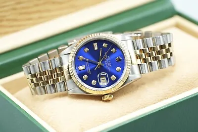 Gents Steel & Gold Rolex Datejust 36mm 16233 Custom Blue Baguette Diamond Dial • £5995