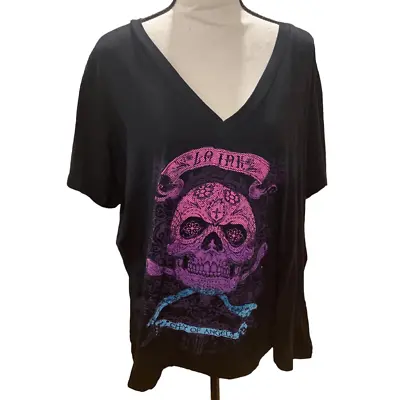 LA Ink Y2k Skull & Crossbones V-Neck Punk Goth Grunge 1/2 Sleeve Blk Pink WMN 4X • $39.99