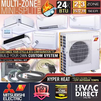 Mitsubishi H2i 2-3 Zone 24K BTU 15.5-19 SEER Hyper Heat Pump Mini Split System • $6605.35