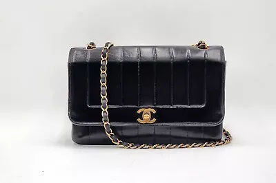 Chanel Black Lambskin Stripe Diana Medium Vintage Classic Flap Bag • $4466