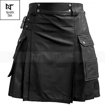 Men's Real Cow Leather Scottish Kilt Pleated Roman Twin Cargo Pocket LARP LGBTQ • £66.40