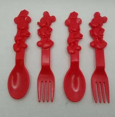 Vintage Mickey Mouse Fork & Spoon Red Plastic Set Of 4 1997 • $12.40