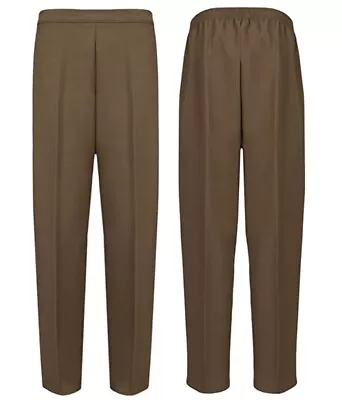 NEW Womens BROWN Half Elasticated Waist TROUSERS Ladies Casual Pocket Pants • £8.99