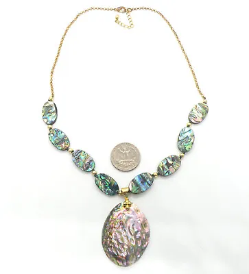 Vintage Abalone Shell Chunky Gone Tone Bib Women Jewelry Pendant Necklace 42b44 • $13.90