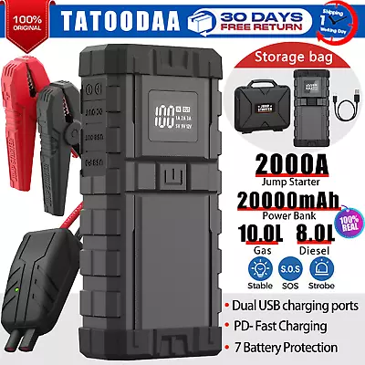 TATOODA 2000Amp USB Car Jump Starter Pack Booster Battery Charger Power Bank UK • £45.60