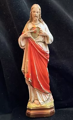 Vintage Distressed Sacred Heart Of Jesus Chalkware Statue 10 3/4 Inches Tall • $18