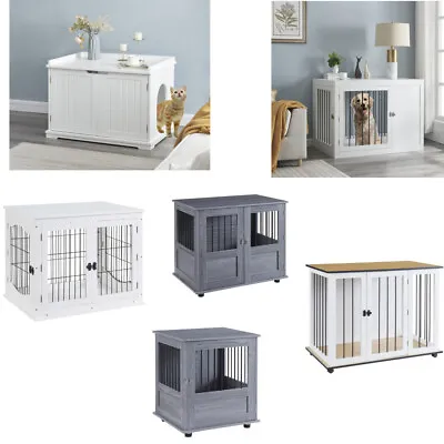 Wooden Puppy Cage Furniture Style Dog Crate End Table Pet Kennel House W/ Doors • £55.99