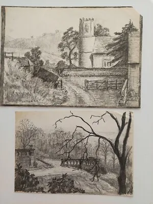 Two 20th Century Graphite / Charcoal Drawings Of Formal Gardens Rural Church • £22