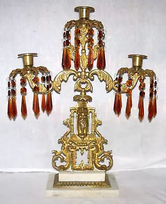 Antique Brass & Marble 3 Arm Candelabra Girandole W/Amber Crystal Prisms • $459