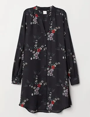 H&M Black Red White Floral Floaty Chiffon Shirt Dress Size UK 10 FAB 12 14 • £3.99