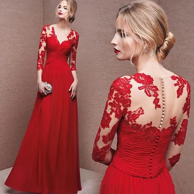 $146.63 • Buy Women's Formal Evening Dresses Prom Party Gown V Neck Long Sleeves Lace Applique