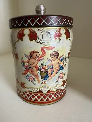 Vintage Murray Allen Regal Crown Angels & Flowers Round Tin Canister  6” X 4.5” • $3.99