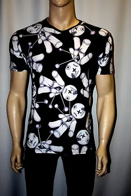 Men's Gothic Black & White Voodoo Doll  Print V Neck T-shirt Top Goth Punk Emo • £21.99