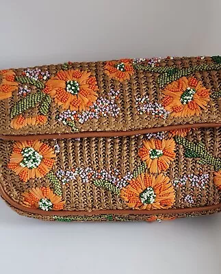 AUTH NWT Staud Tommy Raffia Floral Bead Shoulder Bag In California Poppy • $229