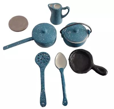 Vintage Miniature Dollhouse Set Of Blue Stoneware Pots And Pans With Frying Pan • $7.97