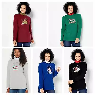 Quacker Factory Holiday Motif French Terry Turtleneck Sweatshirt • $19.52