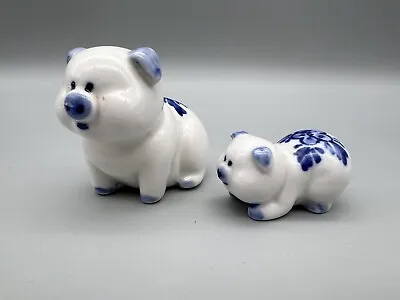 Pair Of Vintage Holland Delft Blue Hand Painted Floral Pig Miniature  Figurines • $19.99