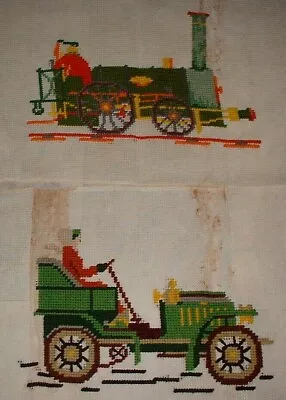 Vintage Preworked Train & Car Big Stitch Needlepoint Canvas Pair EP • $6