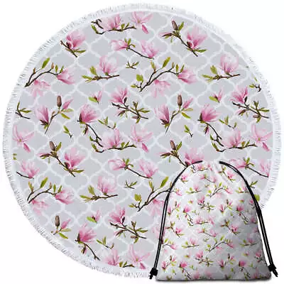 Pink Flowers Over Grey Moroccan Round Beach Towel • $41.90