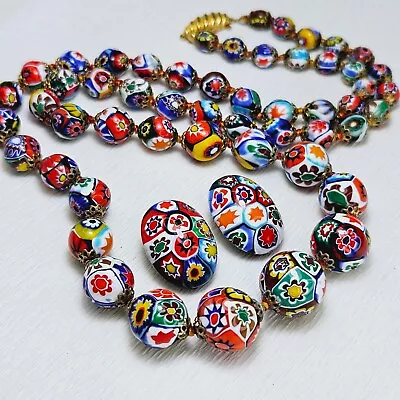 Vintage Venetian Necklace Earrings Classic Millefiori Graduated Bead Knotted 28  • $85