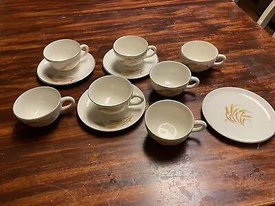 Vintage Homer Laughlin Golden Wheat 22k Set Of 7 Cups & 3 Saucers 1 Bread • $25