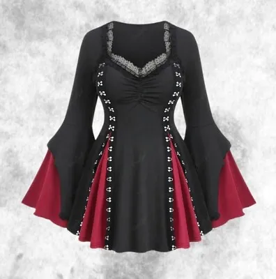 New Black Red Medieval Gothic Buckle Flared Sleeve Blouse Top Size 2XL 20 22 24 • $37.32