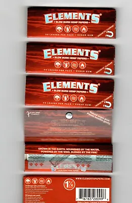$10.88 • Buy 5 Packs Elements Red Slow Burn 1 1/4 Sugar Gummed Hemp Rolling Paper 50 Per Pack