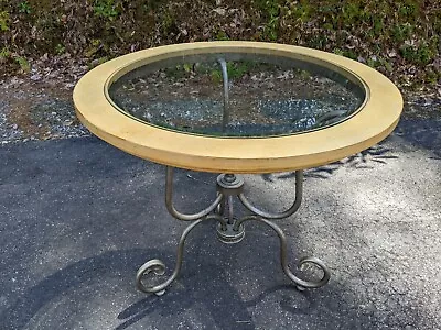 Scrolled Iron Pedestal Base Gueridon Table W/Maple Wood Trim & Inset Glass Top • $595