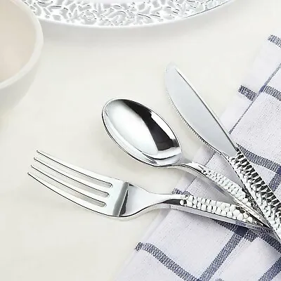 Set Of  60 Silver Colour Plastic Cutlery - - - Spoons / Forks / Knives Reusable • £7